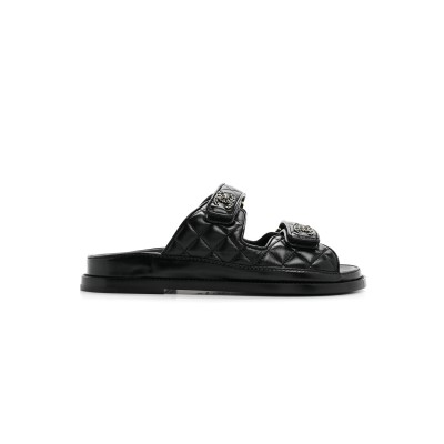 CHANEL LAMBSKIN QUILTED VELCRO DAD CHAIN CC SLIDE SANDALS BLACK G45507